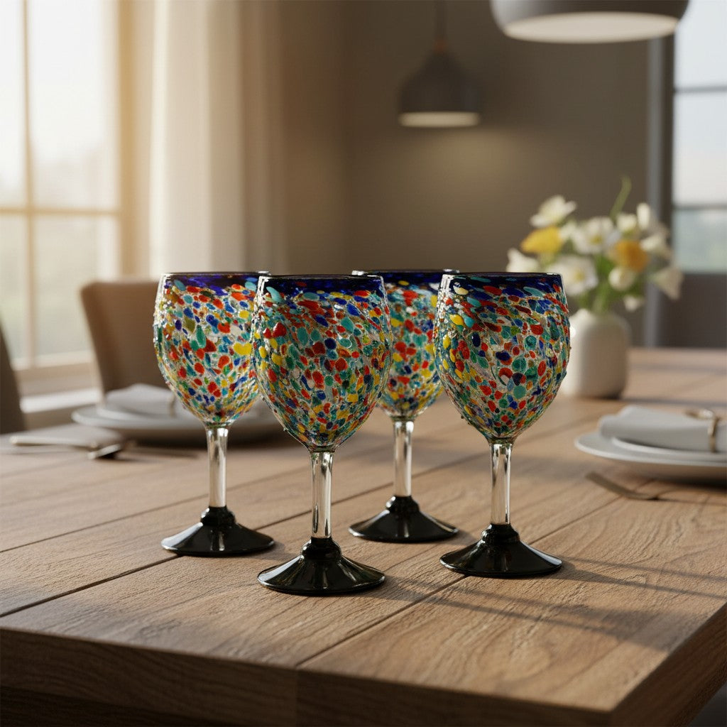 Hand-Blown Mexican Wine Glasses | Blue Rim Confetti Design