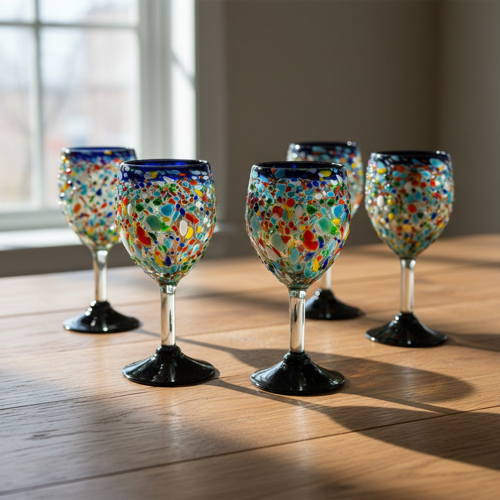 Hand-Blown Mexican Wine Glasses | Blue Rim Confetti Design