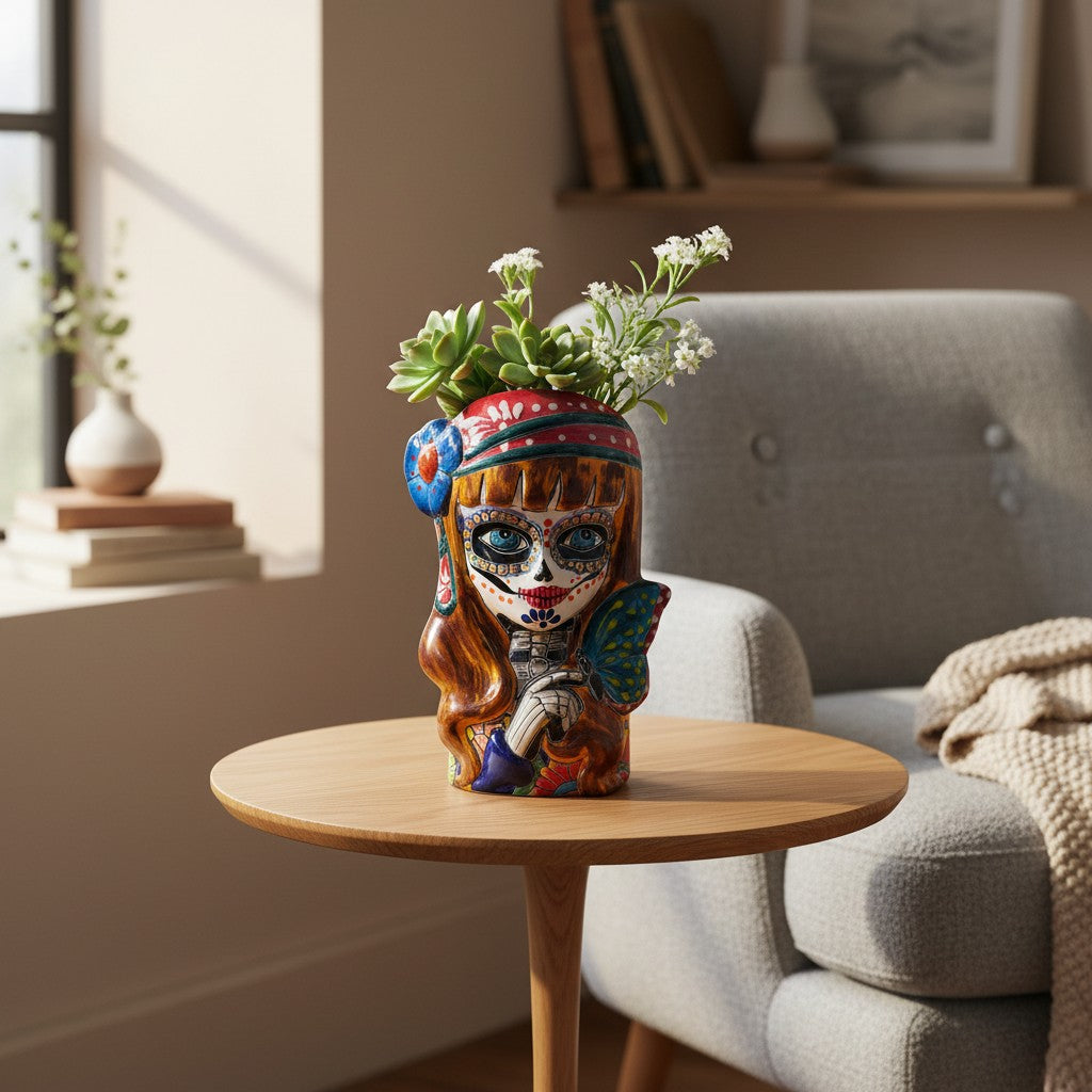 Talavera Butterfly Skull Planter | Colorful Day of the Dead Design