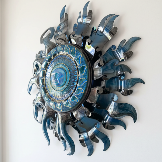 Giant Sun Wall Art with Light Fixture | Handmade Mexican Metalwork