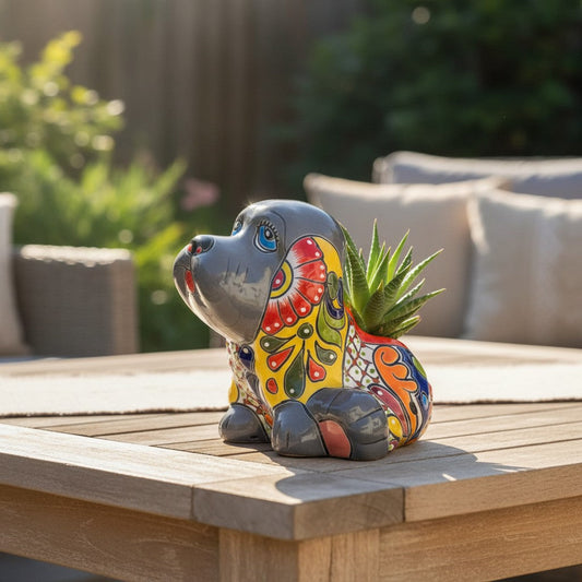 Vibrant Handmade Talavera Dog Statue | Colorful Mexican Canine Art