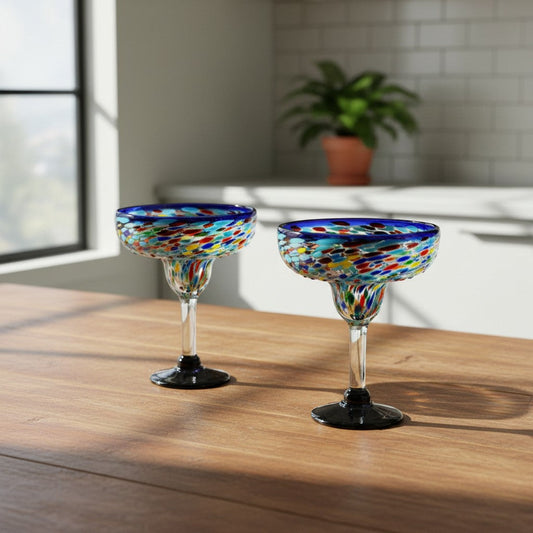 Mexican Hand-Blown Margarita Glass | Blue Confetti Rock Design