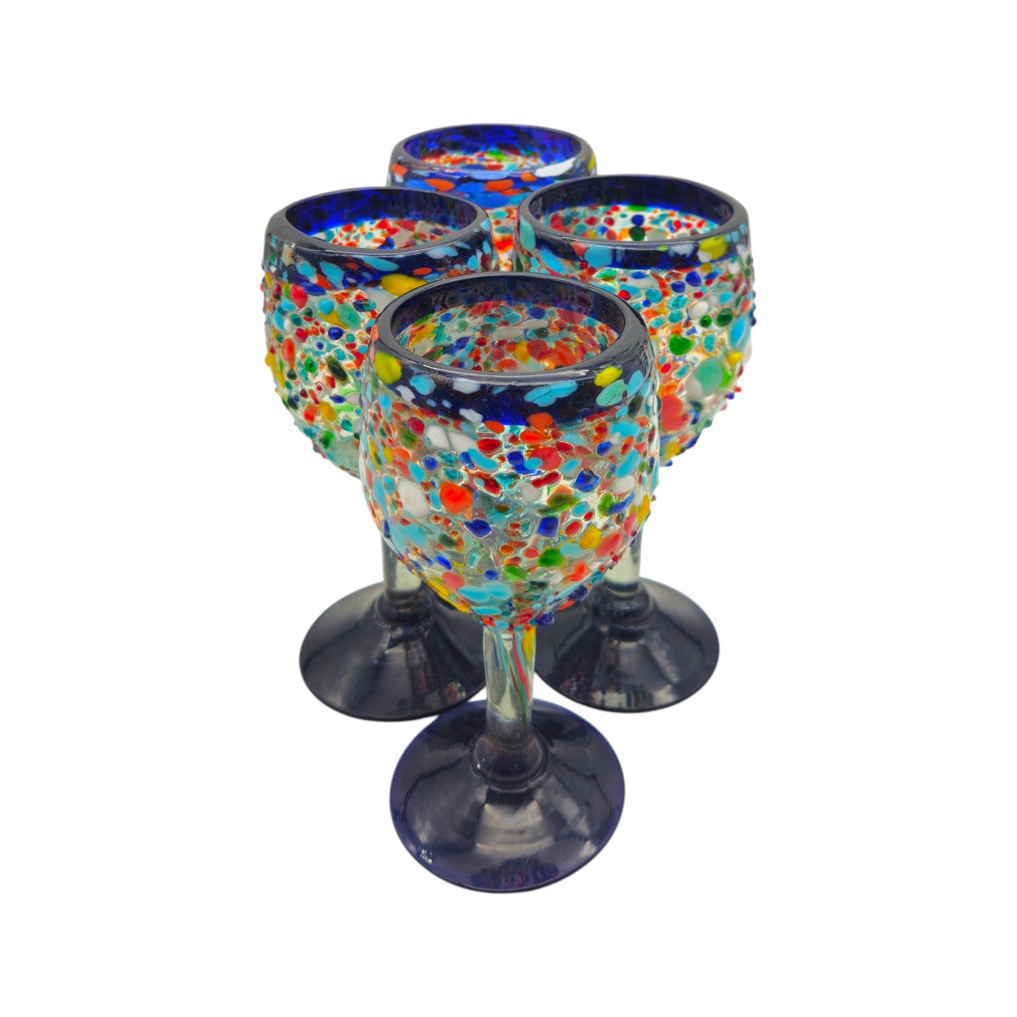 Hand-Blown Mexican Wine Glasses | Blue Rim Confetti Design