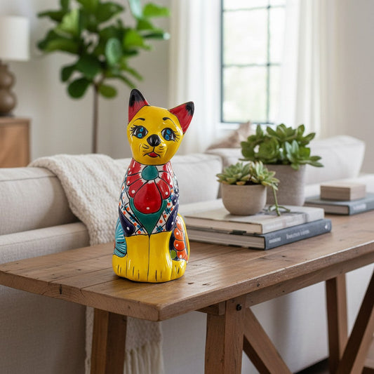 Colorful Hand-Painted Talavera Cat Statue | Mexican Folk Art Decor