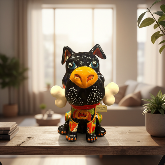 Talavera Dog with Bone | Hand-Painted Ceramic Canine Decor