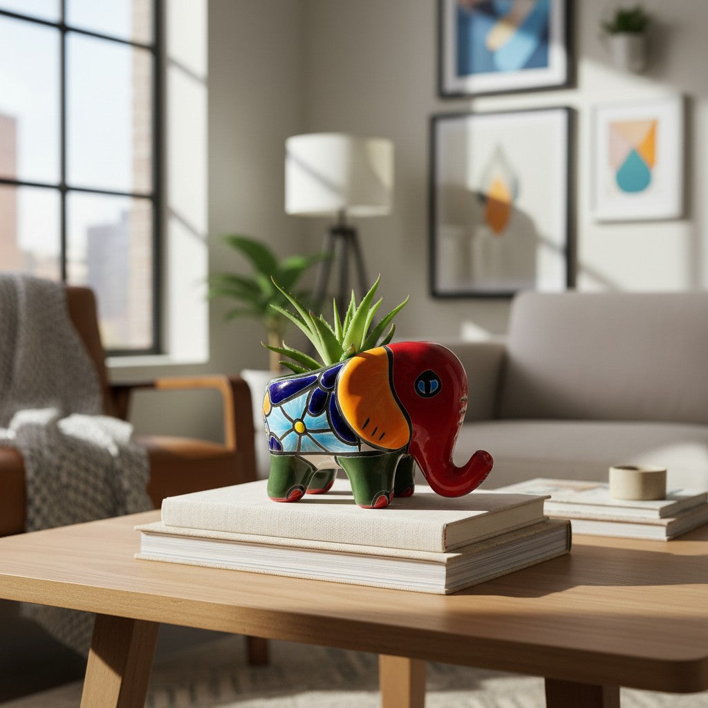 Talavera Elephant Planter | Colorful Hand-Painted Ceramic Animal Pot