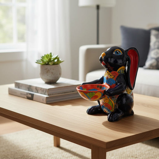Vibrant Handmade Talavera Bunny Statue | Mexican Folk Art Feeder