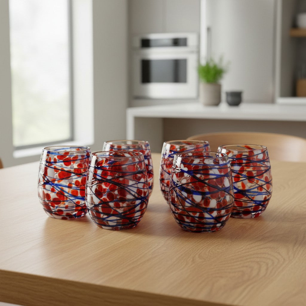 Mexican Stemless Wine Glass | Hand-Blown Orange & Blue Swirl