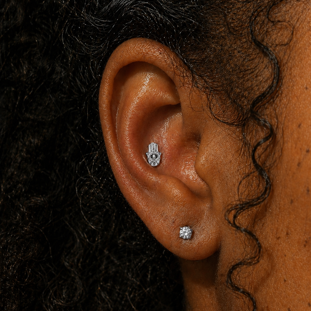 Evil Eye Protective Hamsa Hand Threadless Labret Titanium Flat Back Earring