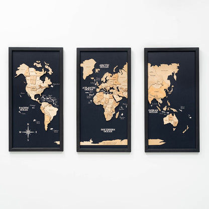 3D Wooden Triptych World Map Gold