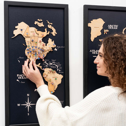 3D Wooden Triptych World Map Gold