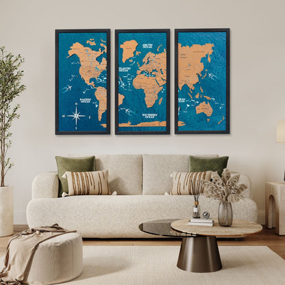 Cork world map triptych - Black