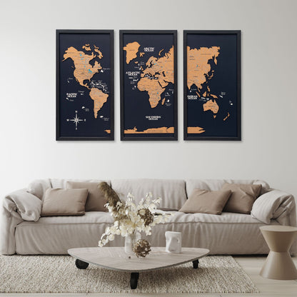 Cork world map triptych - Black