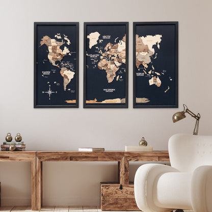Triptych Wall Art - Wooden World Map (Smokey)