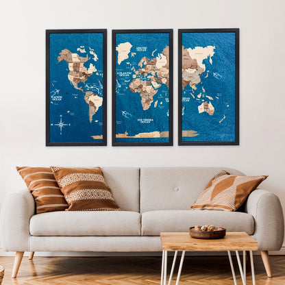 Triptych Wall Art - Wooden World Map (Smokey)