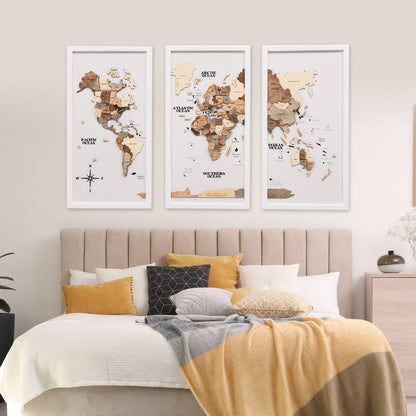 Triptych Wall Art - Wooden World Map (Smokey)