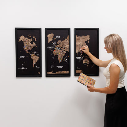 Triptych Wooden World Map (Dark Walnut)