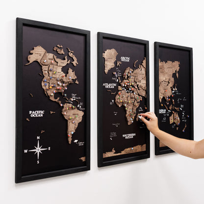 Triptych Wooden World Map (Dark Walnut)
