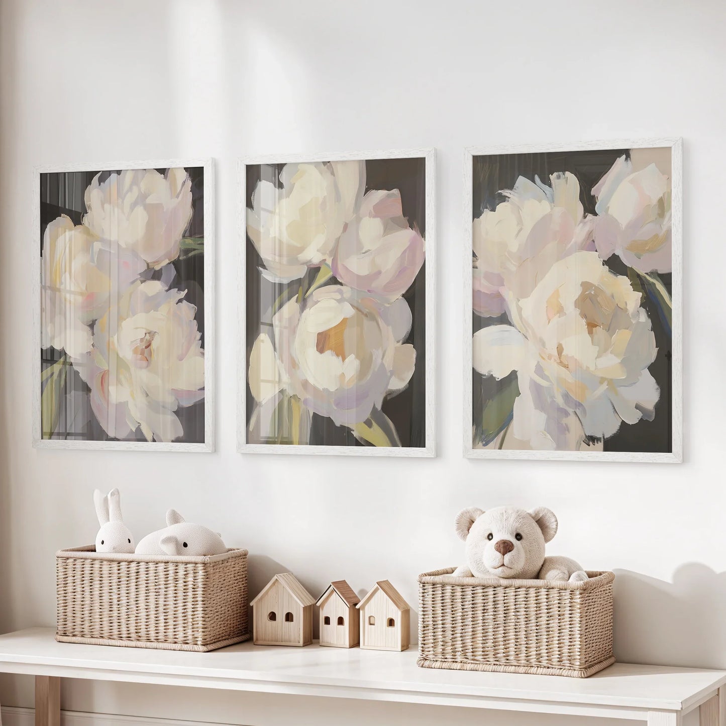 Moody Pink and White Peonies Art. Floral Set of 3 Prints