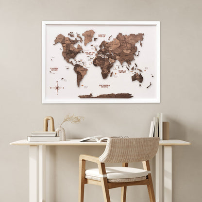 3D Wooden Panel World Map - Dark Walnut