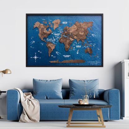 3D Wooden Panel World Map - Dark Walnut