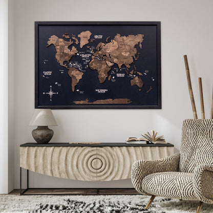 3D Wooden Panel World Map - Dark Walnut