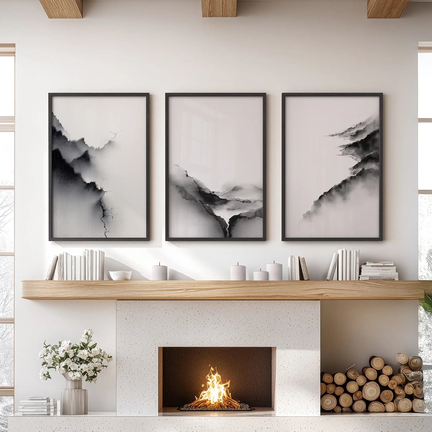 Black White Mountain Landscape Art Set of 3. Calming Nature