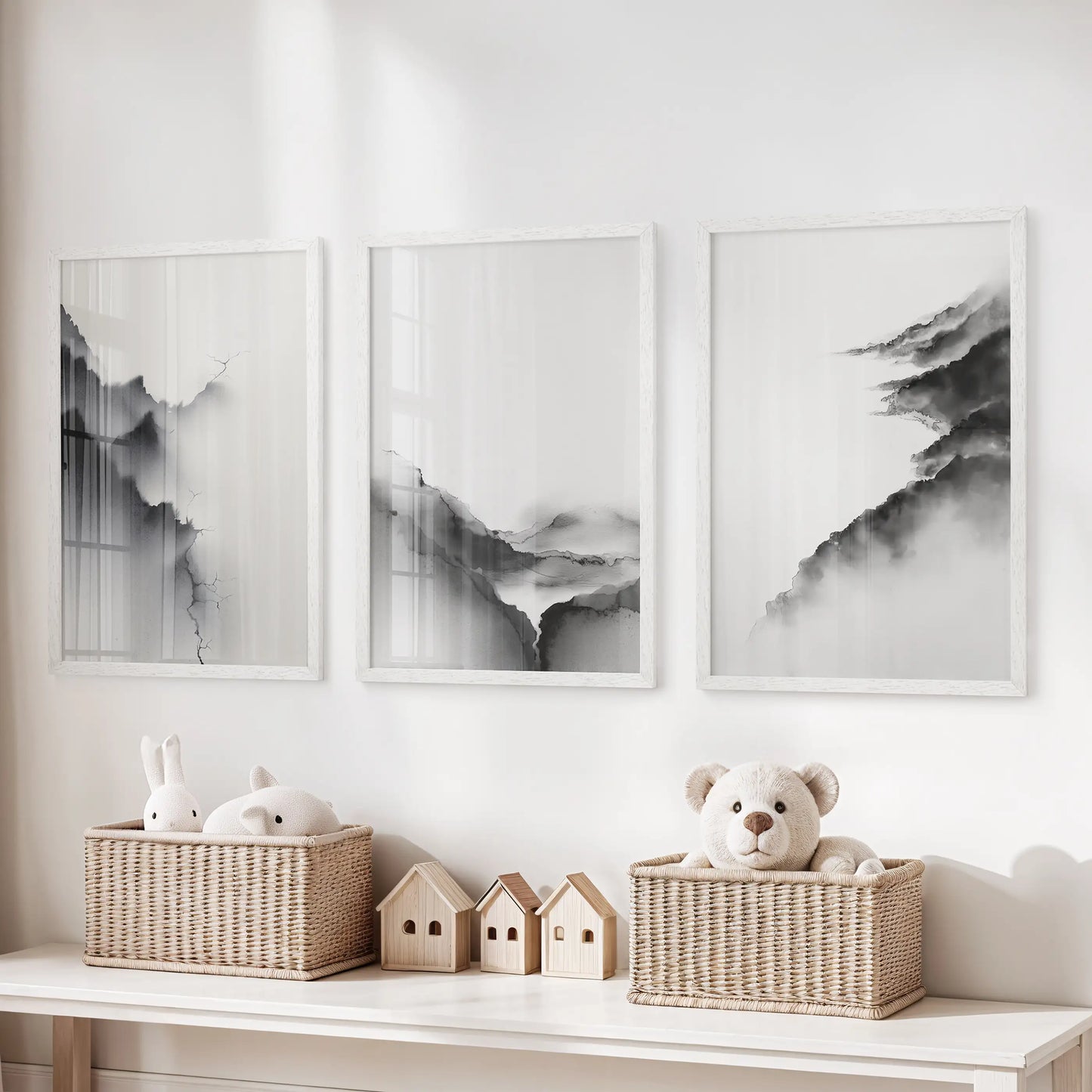Black White Mountain Landscape Art Set of 3. Calming Nature