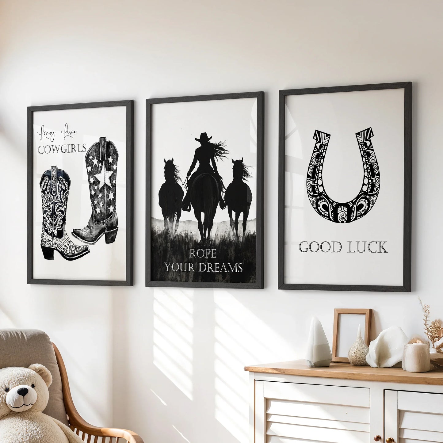 Black White Western Cowgirl 3 Piece Art. Boots, Horseshoe