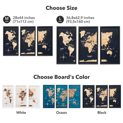 3D Wooden Triptych World Map Gold
