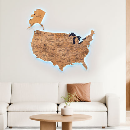 Wooden 3D LED Map of USA - Gold