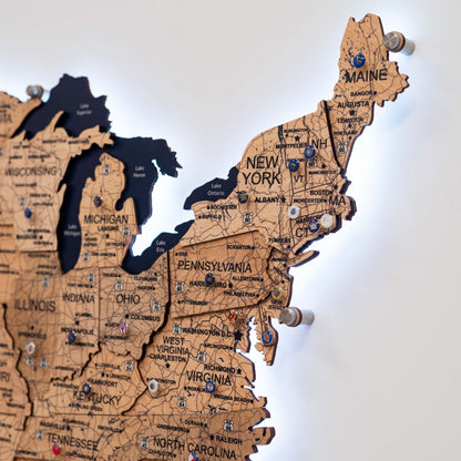 Wooden 3D LED Map of USA - Gold