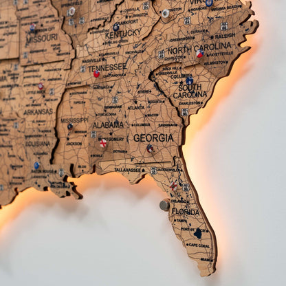 Wooden 3D LED Map of USA - Gold