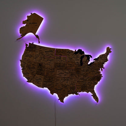 Wooden 3D LED Map of USA - Gold