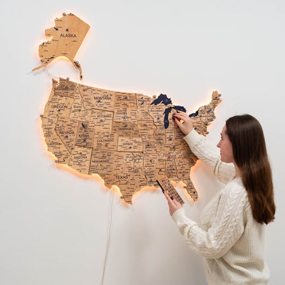 Wooden 3D LED Map of USA - Gold