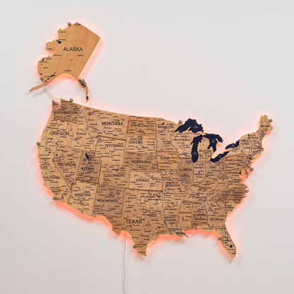 Wooden 3D LED Map of USA - Gold