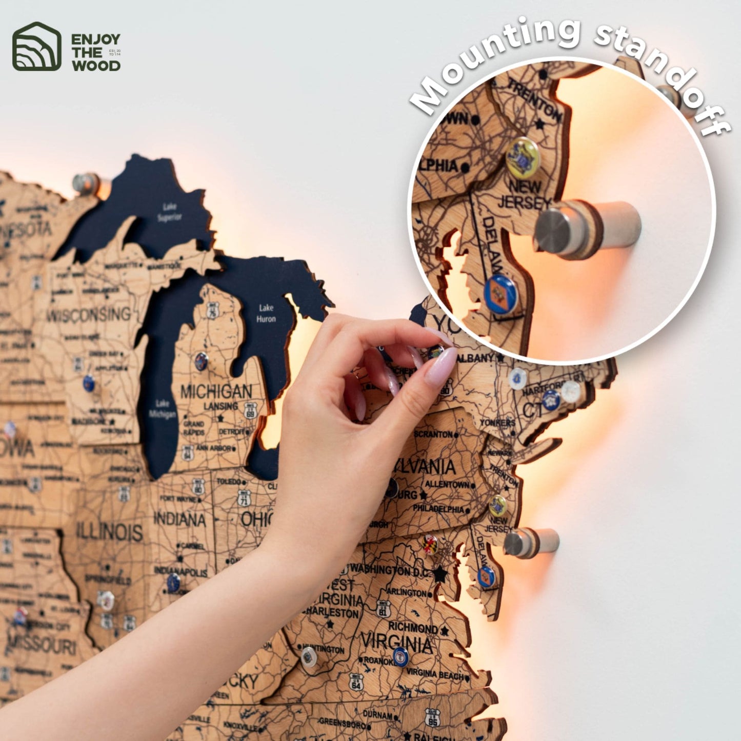 Wooden 3D LED Map of USA - Gold