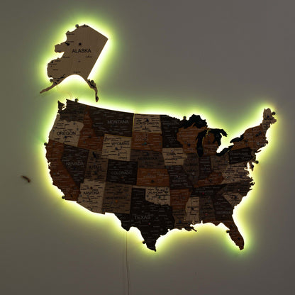 Wooden 3D LED Map of USA - Multicolor