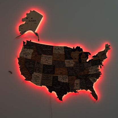 Wooden 3D LED Map of USA - Multicolor