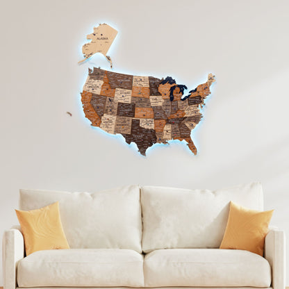 Wooden 3D LED Map of USA - Multicolor