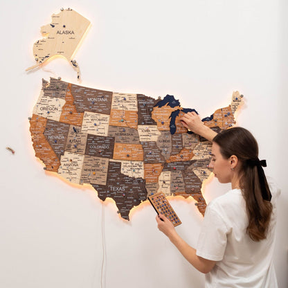 Wooden 3D LED Map of USA - Multicolor
