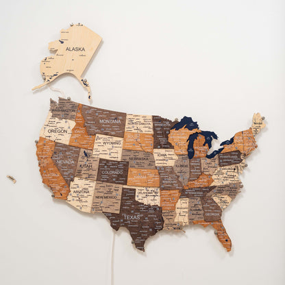 Wooden 3D LED Map of USA - Multicolor