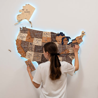 Wooden 3D LED Map of USA - Multicolor
