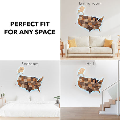 Wooden 3D LED Map of USA - Multicolor