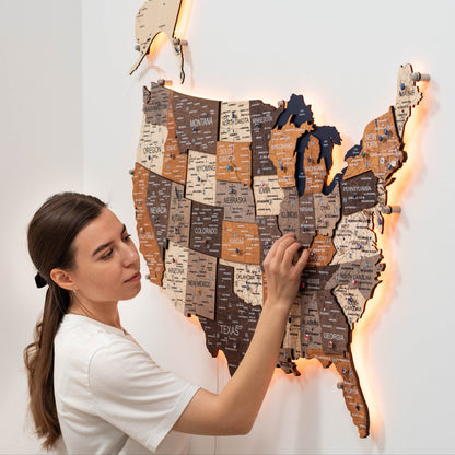 Wooden 3D LED Map of USA - Multicolor