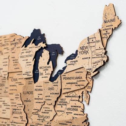 Wooden 3D Map of USA - Gold