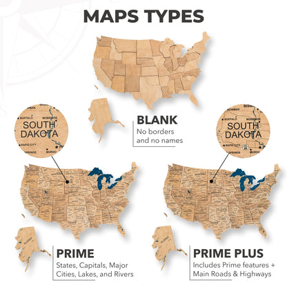 Wooden 3D Map of USA - Gold