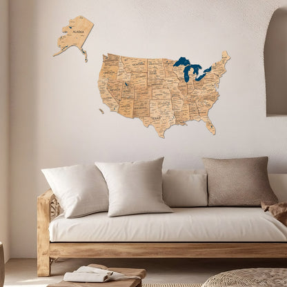 Wooden 3D Map of USA - Gold