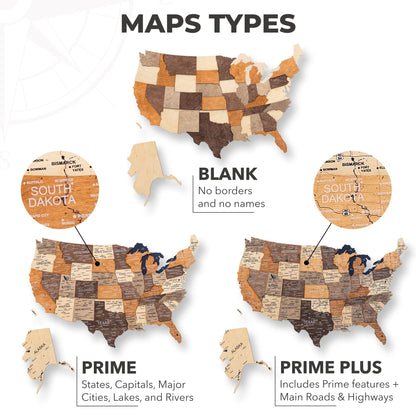 Wooden 3D Map of USA - Multicolor