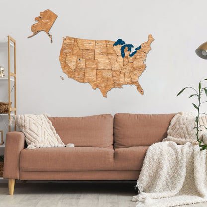 Wooden 3D Map of USA - Oak